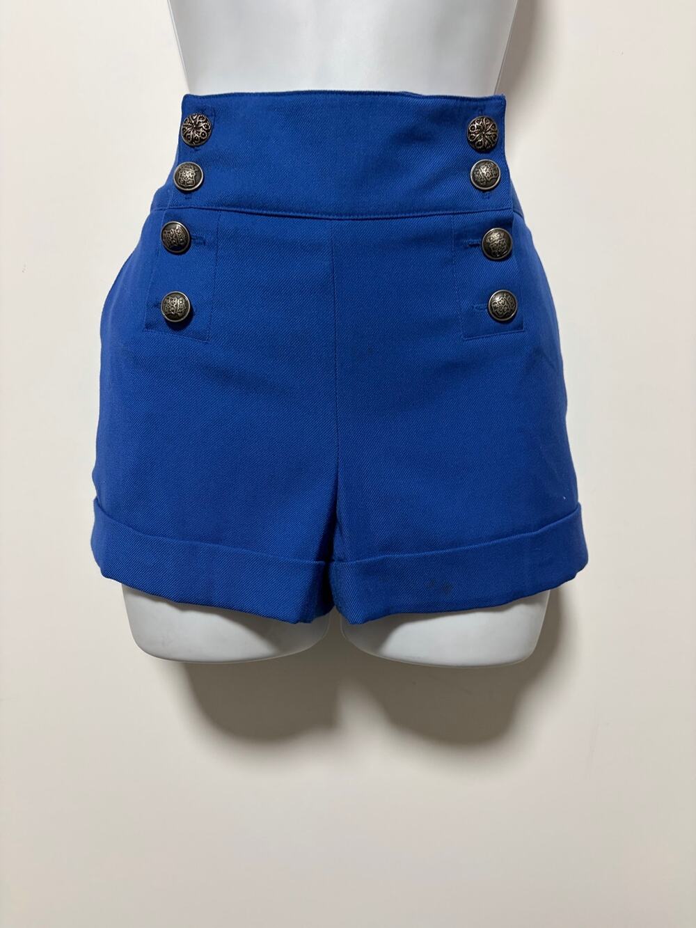 Forever 21 Royal Blue High Waist Cuffed Shorts Button Front Size M